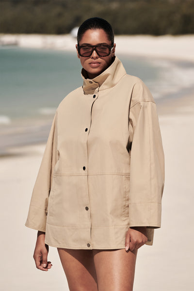 Amanda wearing JUNE STONE MID LENGTH JACKET - PRE ORDER