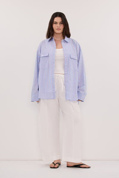 Jasmine wearing ORSON BLUE STRIPE COTTON SHIRT