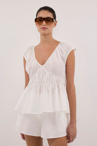 Aude wearing BILLIE WHITE LINEN BLEND TOP