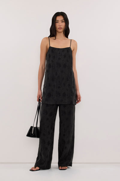 Zoey wearing NARA BLACK JACQUARD LONGLINE CAMI TOP