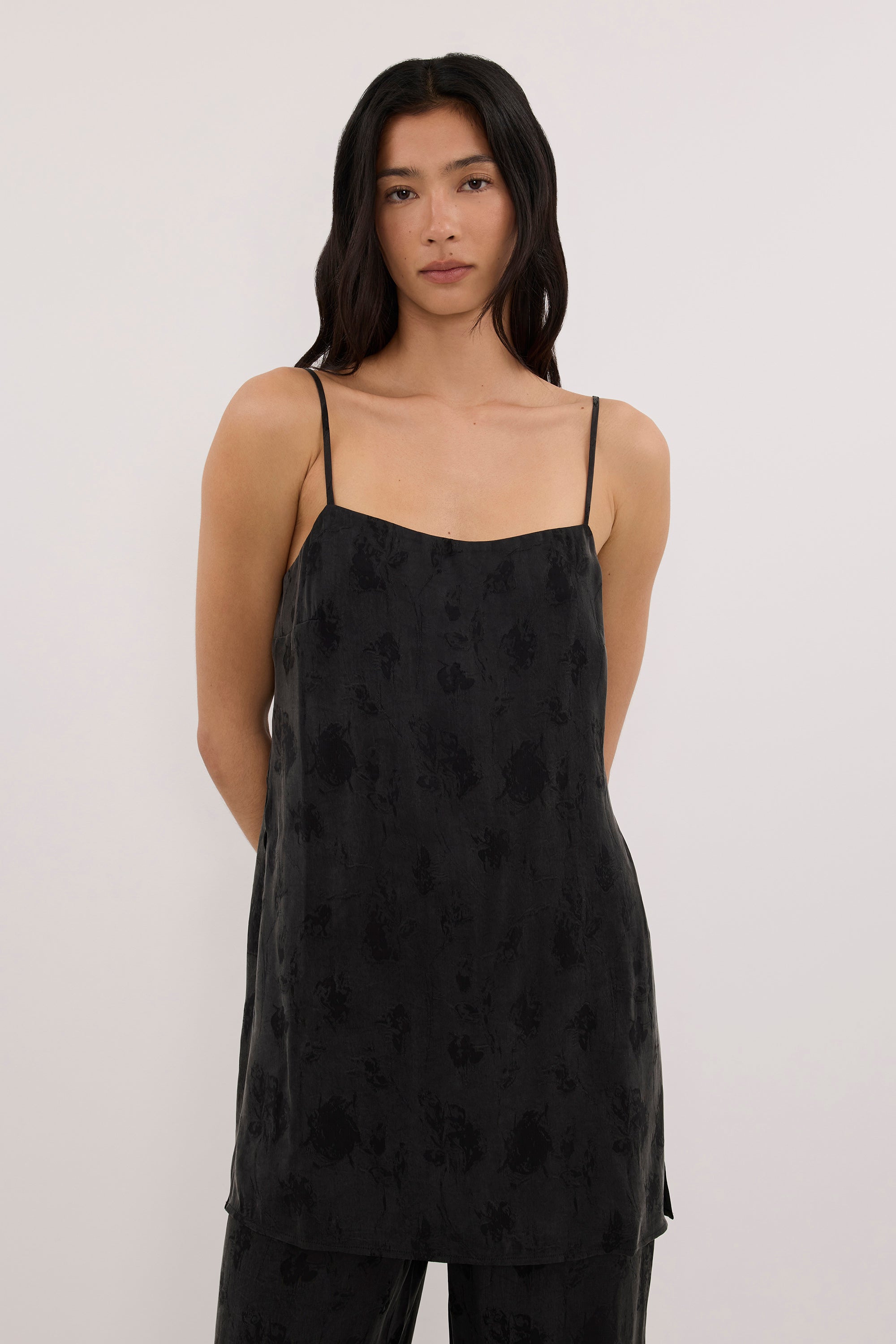 NARA BLACK JACQUARD LONGLINE CAMI TOP