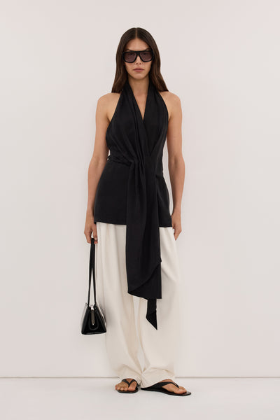Helena  wearing SARIAN BLACK CUPRO TOP