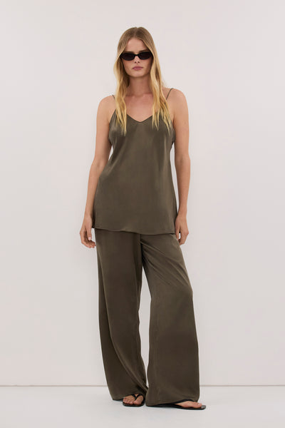 Zoe wearing JOANNE OLIVE SILK SLIP TOP - PRE ORDER