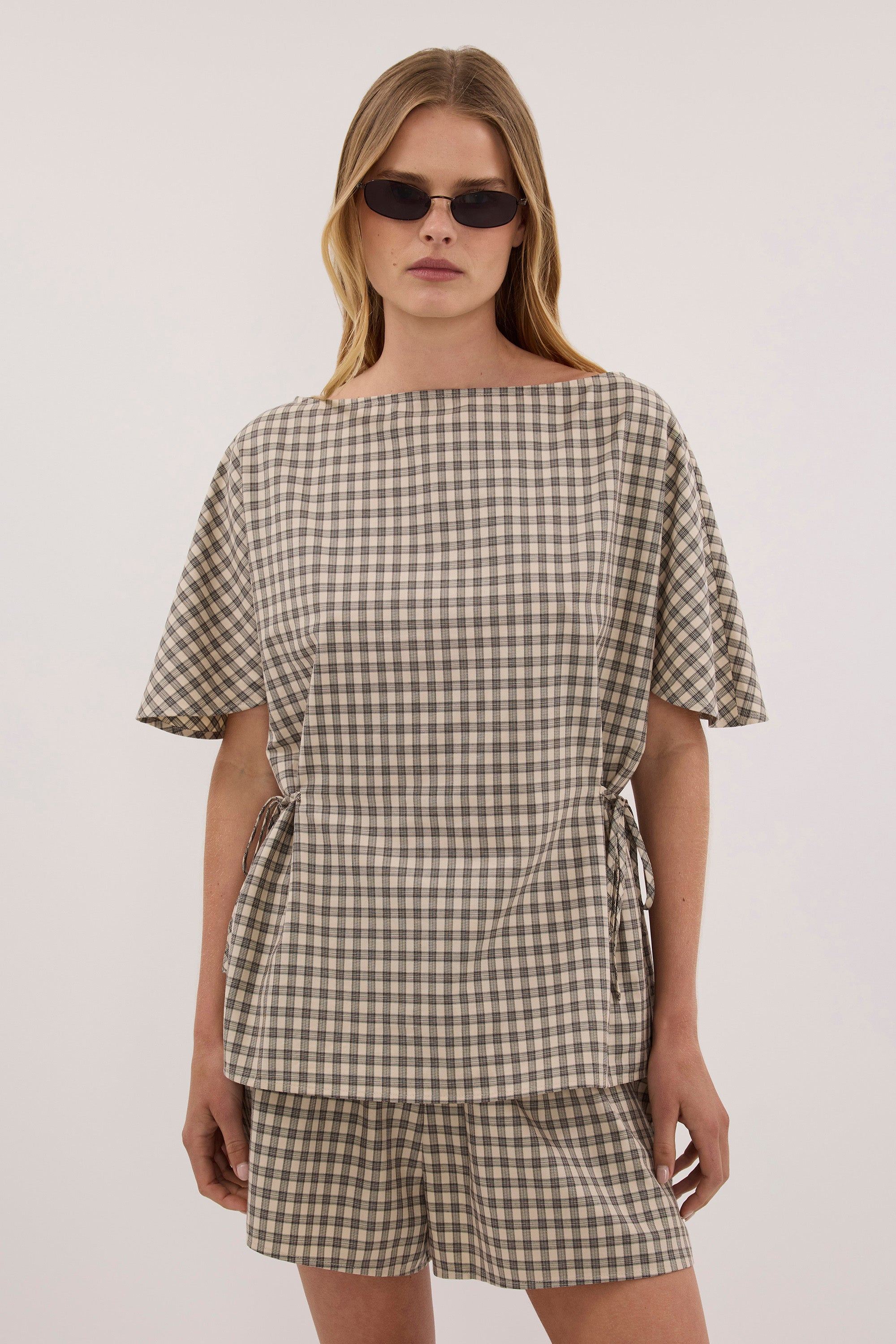 ODESSA BEIGE CHECK SIDE TIE TOP