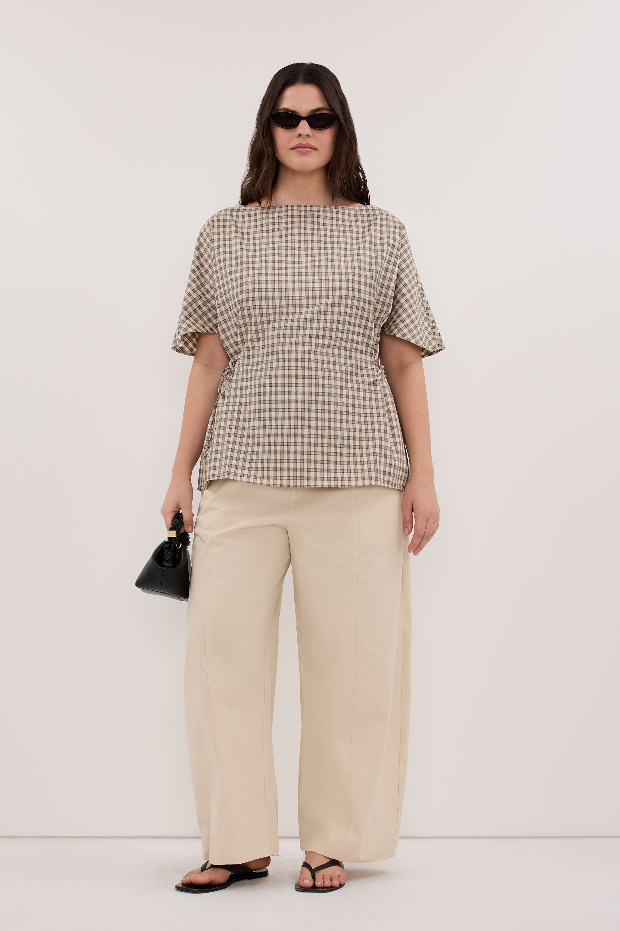 ODESSA BEIGE CHECK SIDE TIE TOP