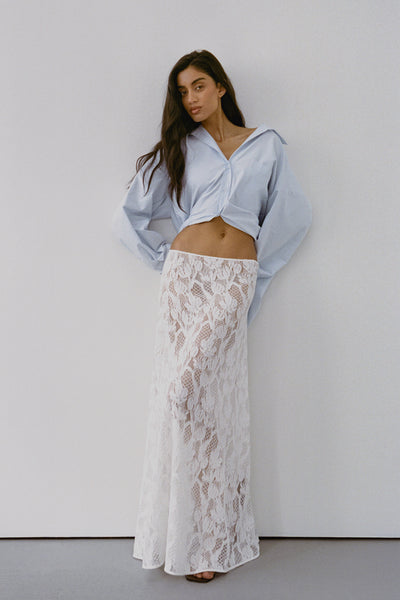 Anaya wearing LUCINE WHITE LACE MAXI SKIRT