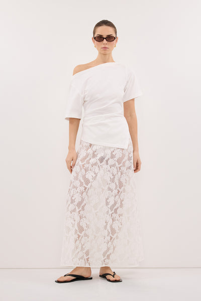 Stas wearing LUCINE WHITE LACE MAXI SKIRT