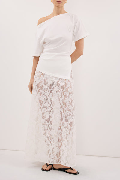 Stas wearing LUCINE WHITE LACE MAXI SKIRT
