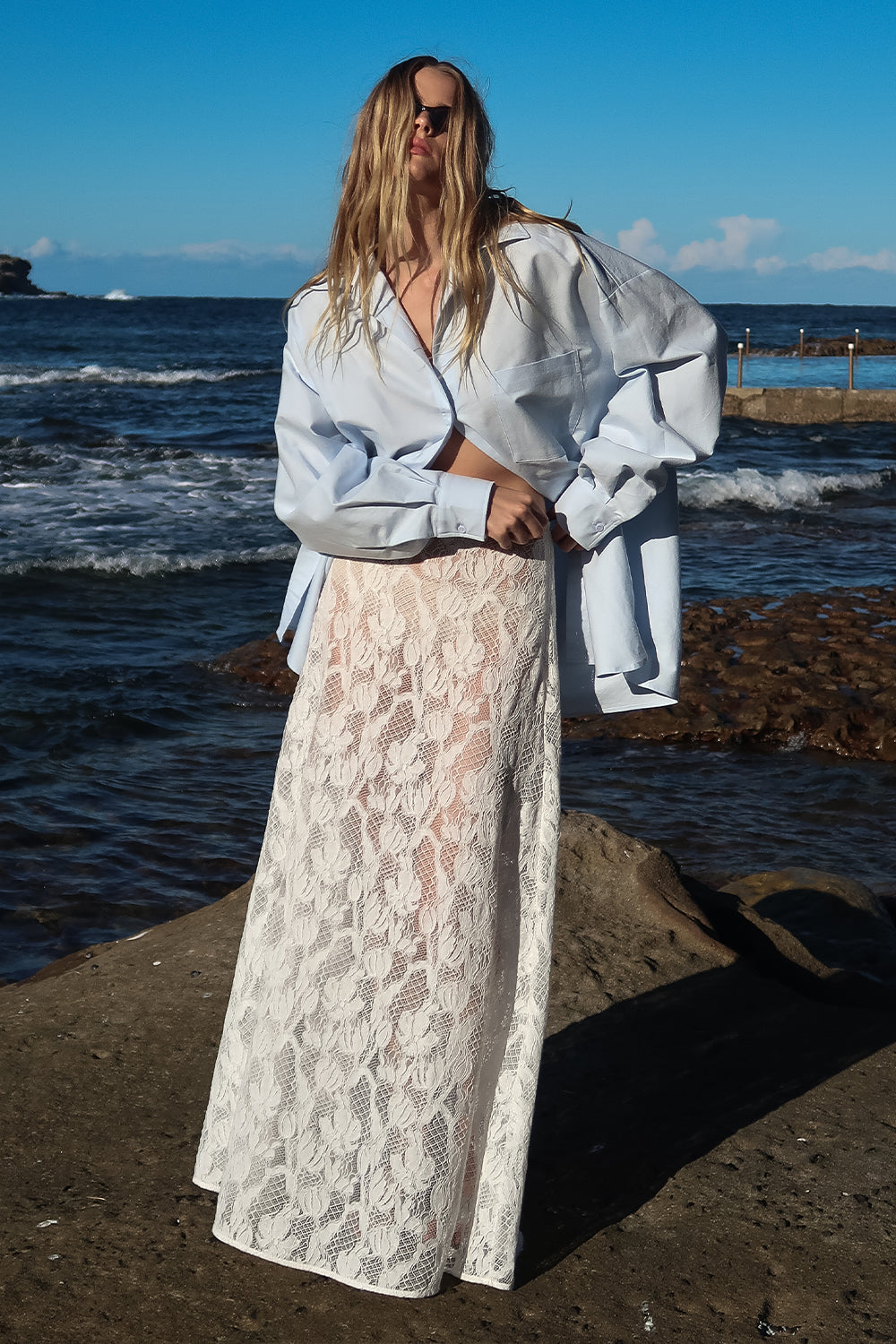 LUCINE WHITE LACE MAXI SKIRT