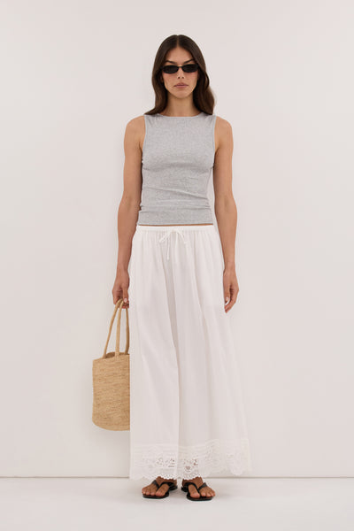 Helena  wearing ELISA WHITE COTTON SHEER MIDI SKIRT