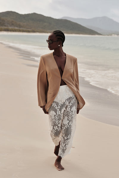 Cynthia wearing REINA IVORY LACE MIDI SKIRT