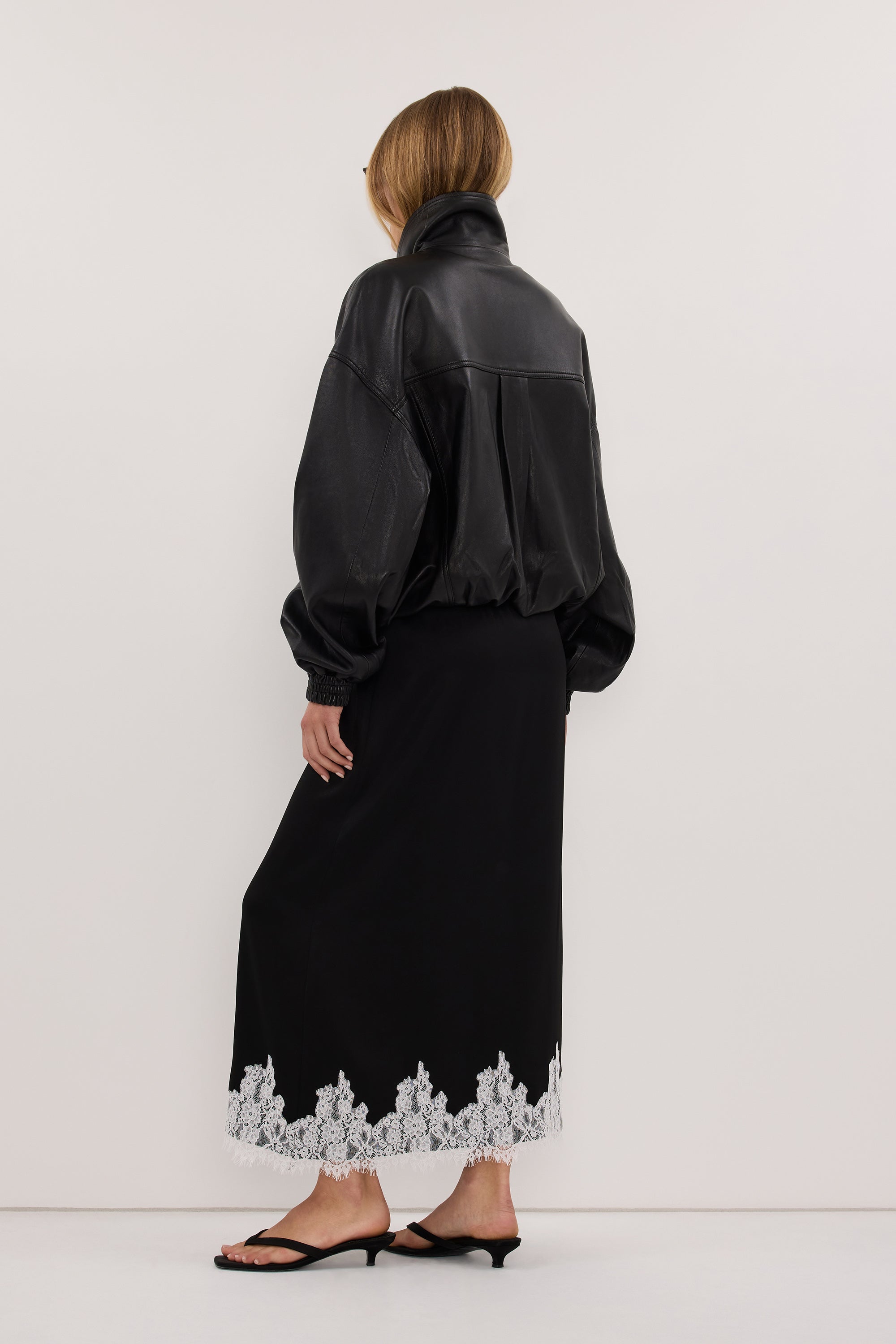 AMELINE BLACK SATIN MIDI SKIRT