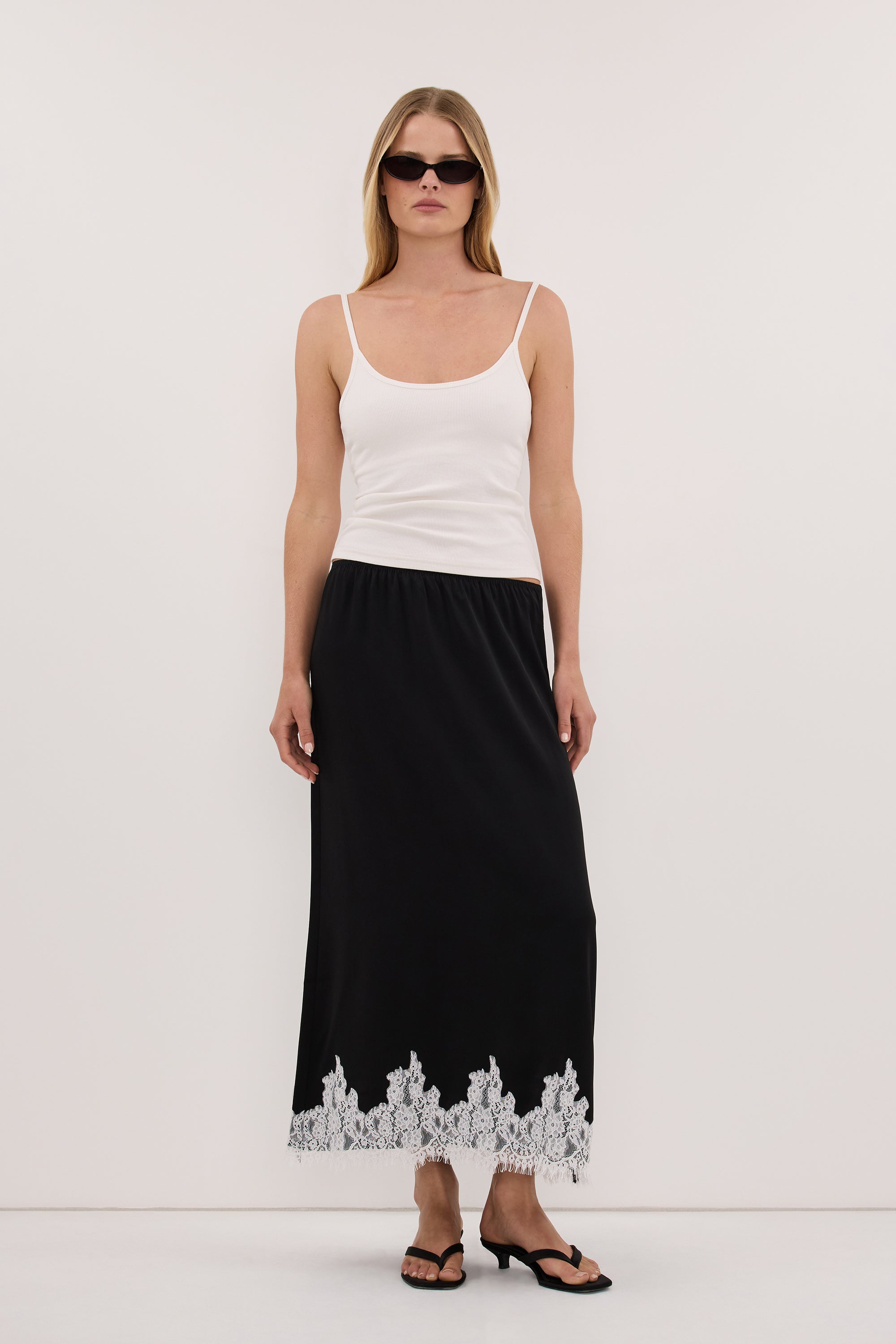 AMELINE BLACK SATIN MIDI SKIRT