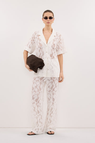 Stas wearing LUCINE WHITE LACE PANT