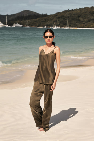 Ploy wearing MICAH OLIVE SILK PANT - PRE ORDER
