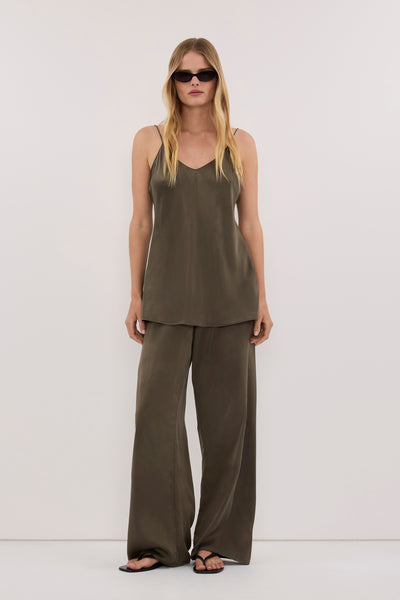 Zoe wearing MICAH OLIVE SILK PANT - PRE ORDER