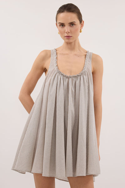 Stas wearing ARABELLA CREAM CHECK MINI DRESS - PRE ORDER