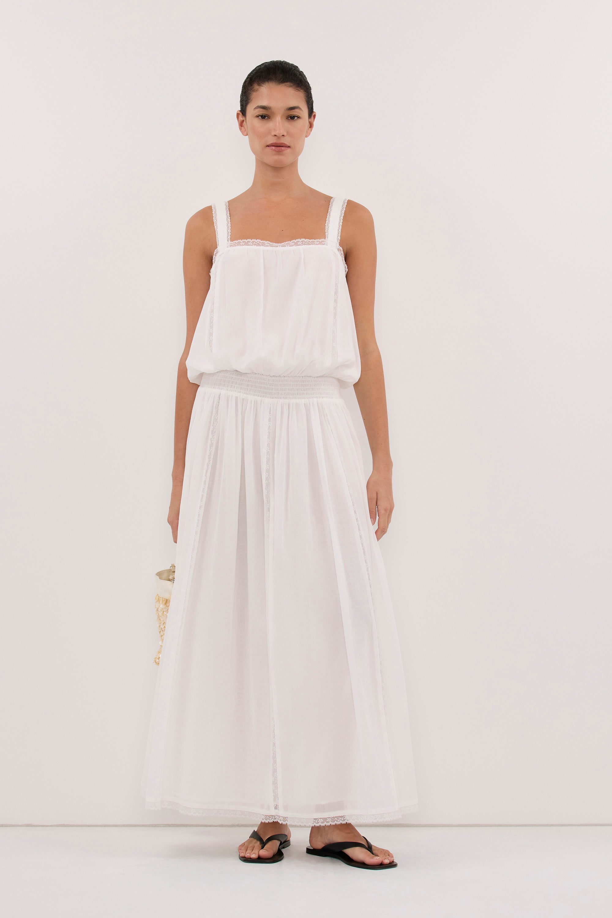 ROSIN WHITE SHIRRED LACE MIDI DRESS