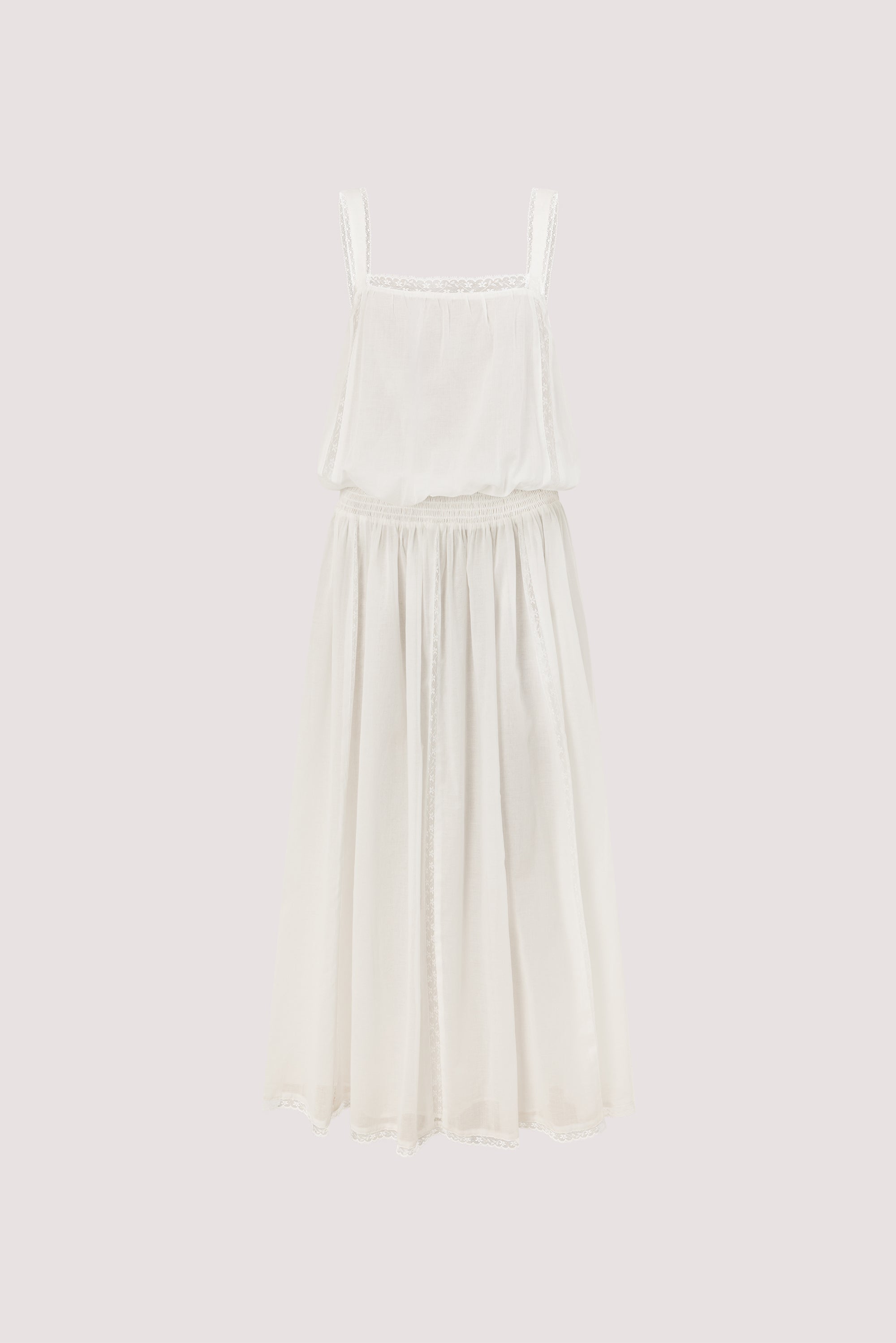 ROSIN WHITE SHIRRED LACE MIDI DRESS