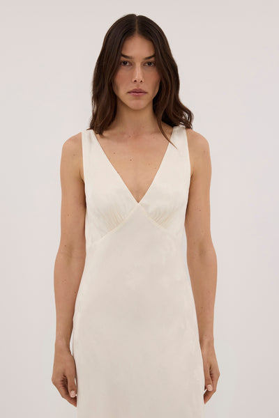 Helena  wearing NARA MILK JACQUARD MIDI DRESS