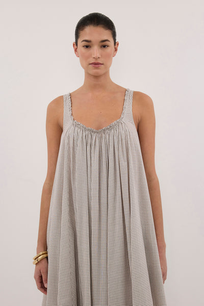Aude wearing ARABELLA CREAM CHECK MIDI DRESS