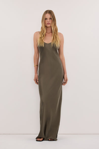 Zoe wearing JOANNE OLIVE SILK SLIP DRESS
