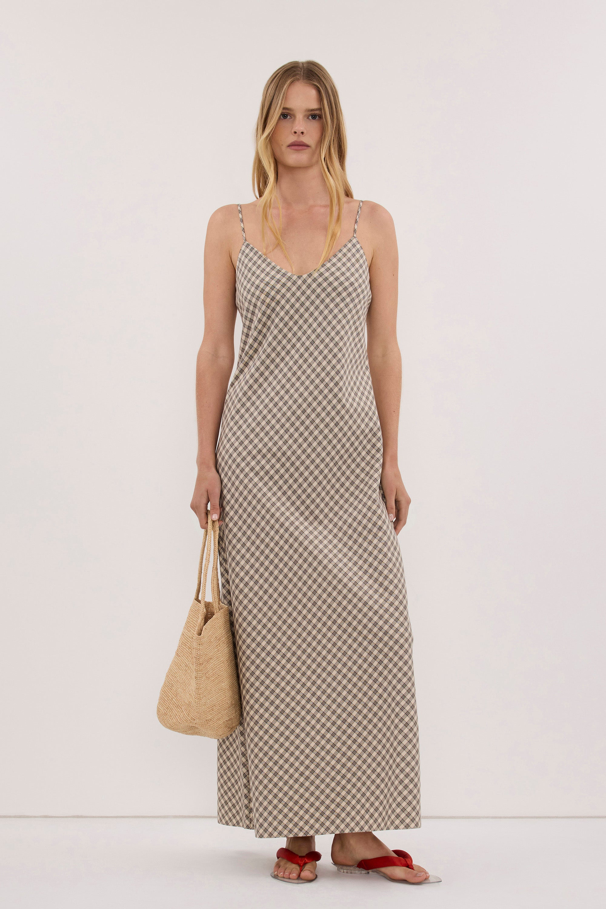 ODESSA BEIGE CHECK SLIP DRESS – DISSH