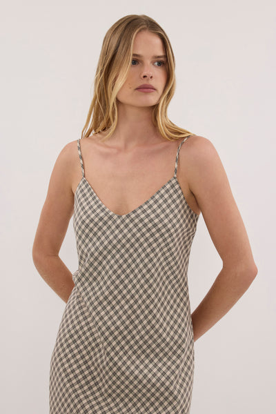 Zoe wearing ODESSA BEIGE CHECK SLIP MAXI DRESS