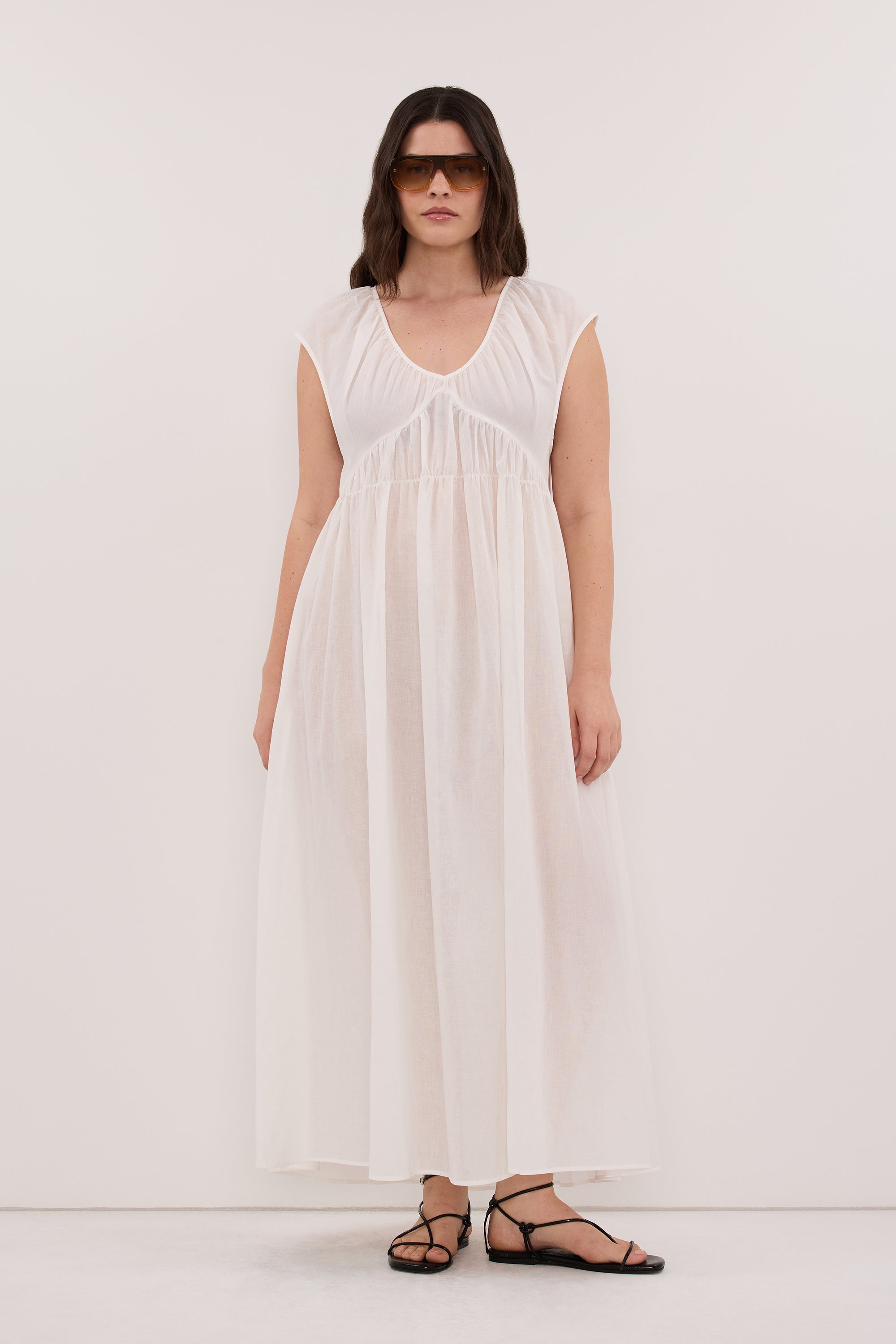 BILLIE WHITE LINEN BLEND MIDI DRESS