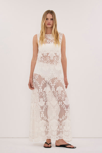 Zoe wearing REINA IVORY LACE MIDI DRESS