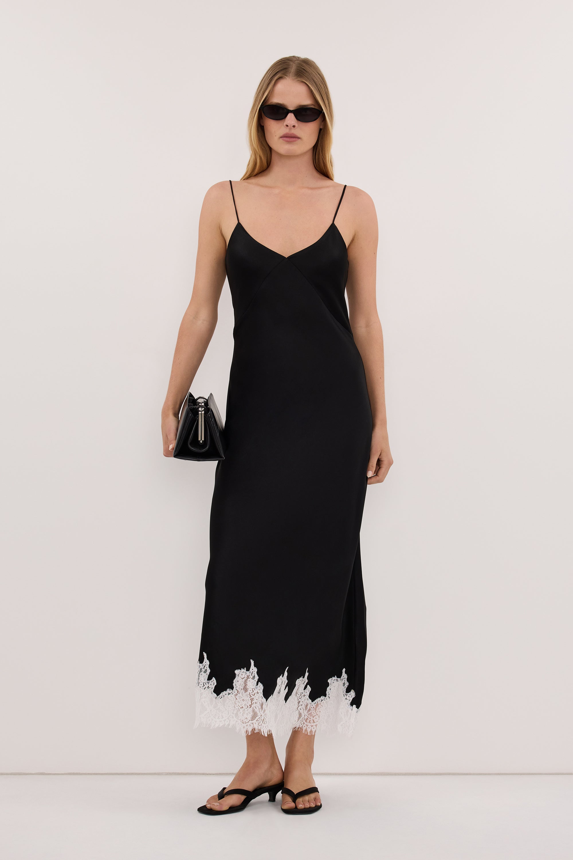 AMELINE BLACK SATIN MIDI DRESS