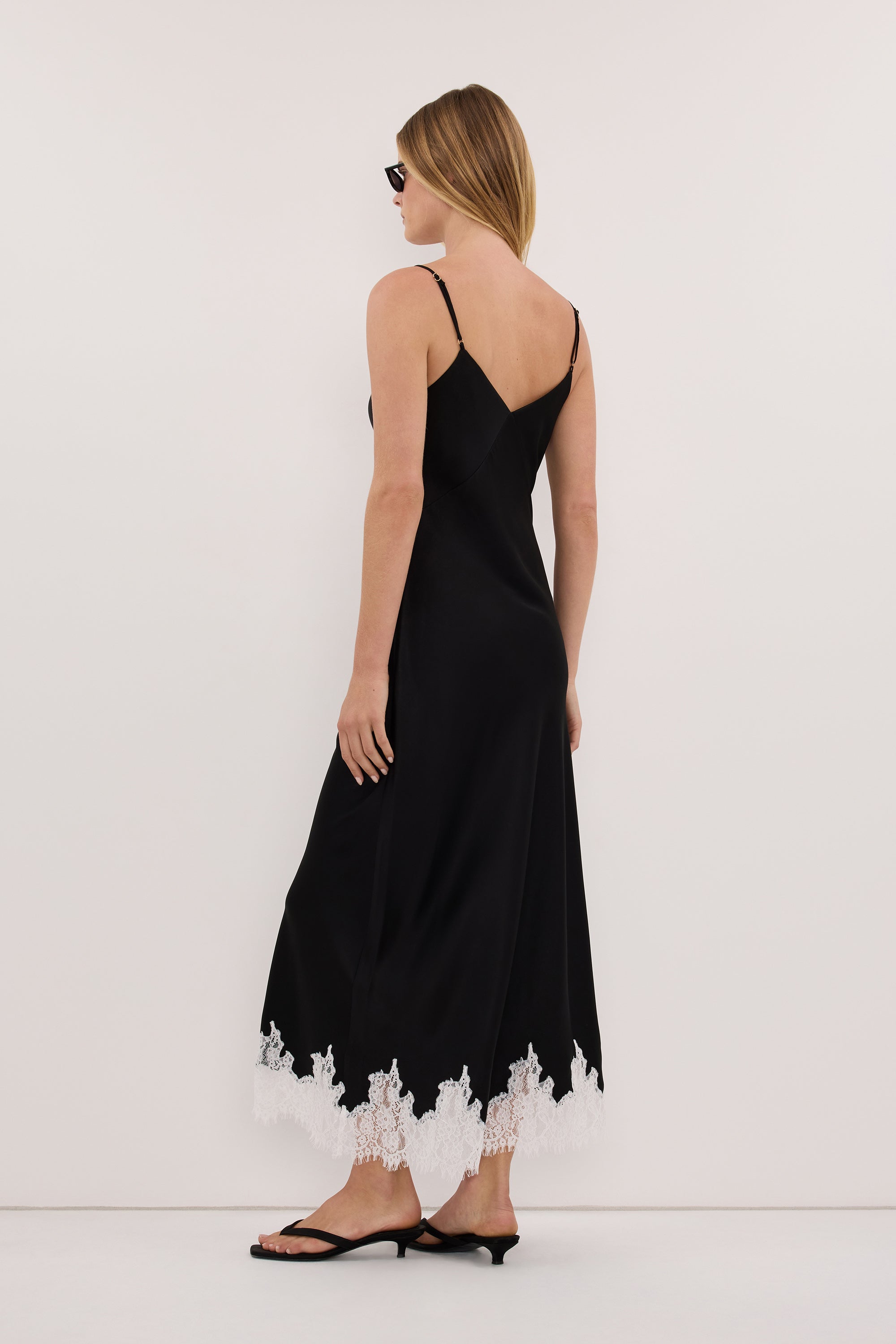 AMELINE BLACK SATIN MIDI DRESS