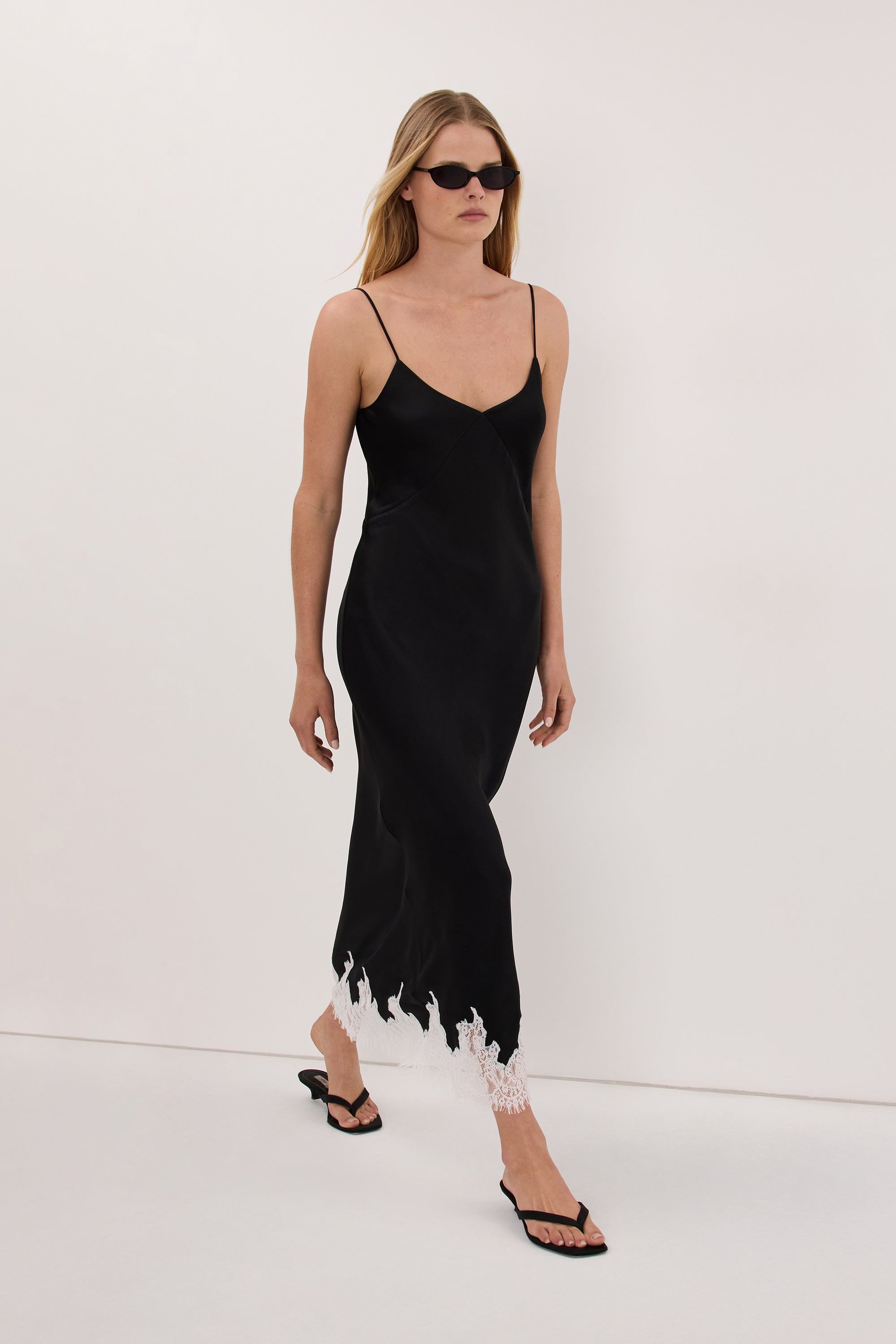 AMELINE BLACK SATIN MIDI DRESS