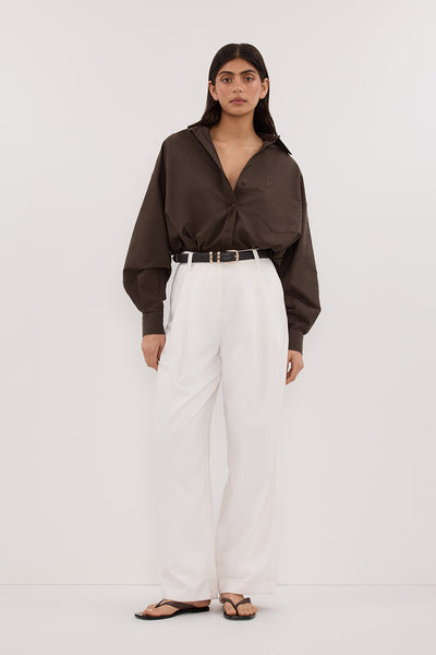 Annie wearing RHEA BITTER CHOC OVERSIZED COTTON SHIRT