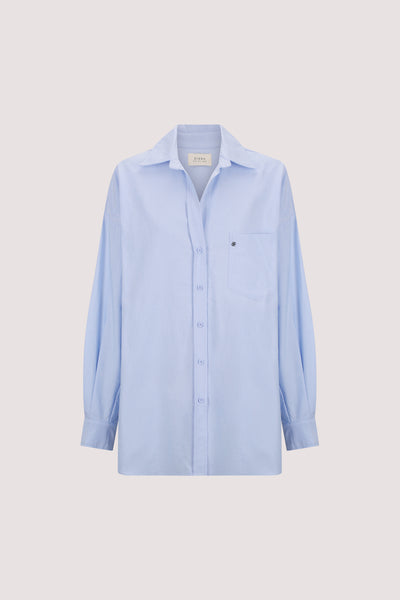 Kristen wearing RHEA BLUE OVERSIZED COTTON SHIRT