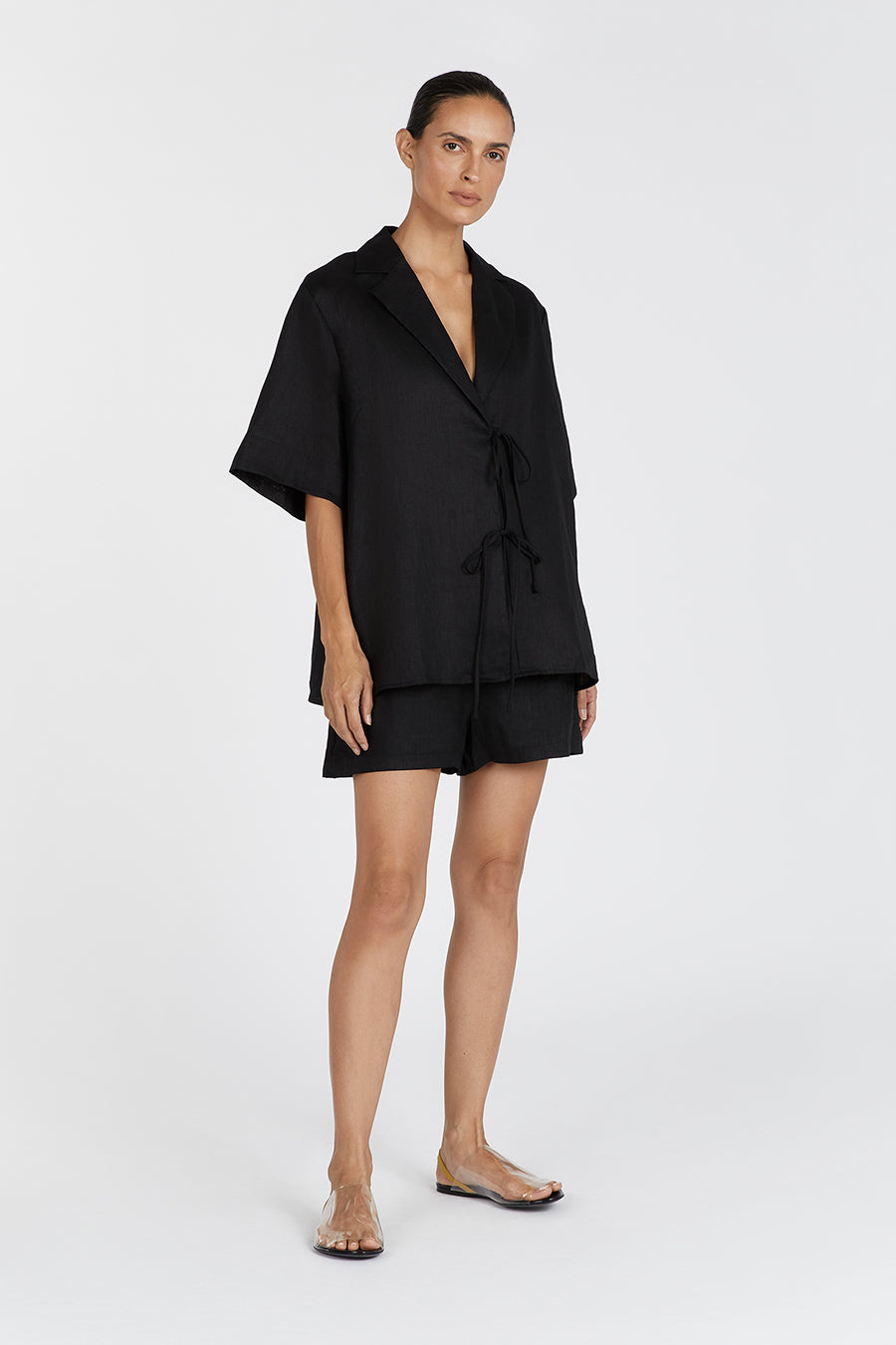 EMELIA BLACK LINEN WRAP SHIRT