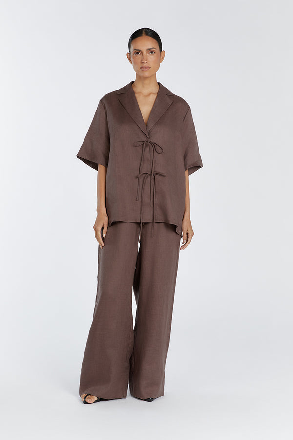 DISSH - NELLY CHOCOLATE LINEN PINTUCK SHIRT on Designer Wardrobe