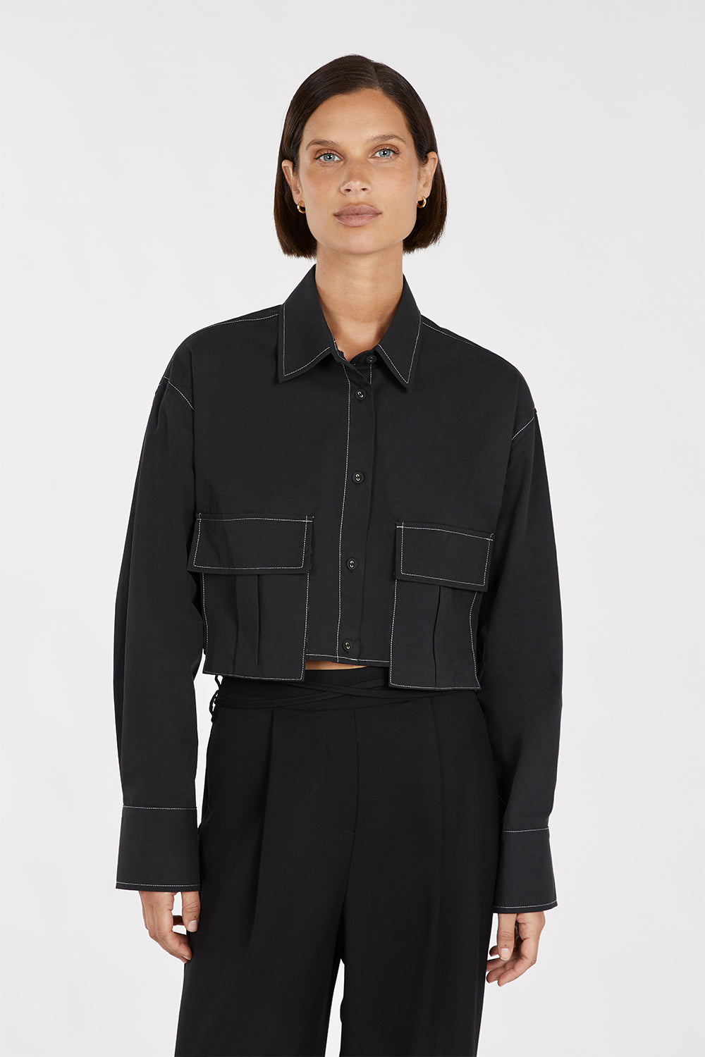 FRANKIE BLACK CROPPED POPLIN SHIRT