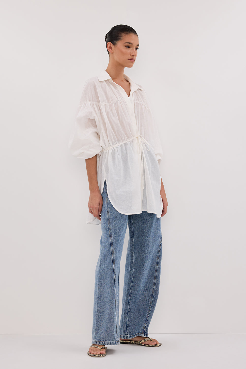 FLOYCE WHITE LINEN LONG SLEEVE TOP