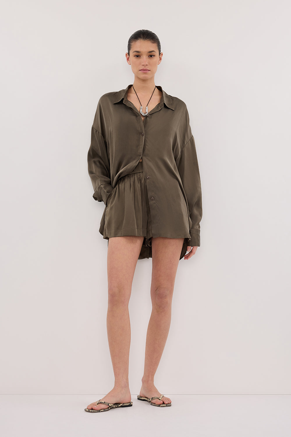 PERCY OLIVE SILK LONG SLEEVE SHIRT