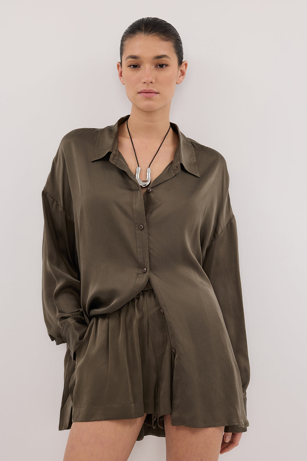 PERCY OLIVE SILK LONG SLEEVE SHIRT