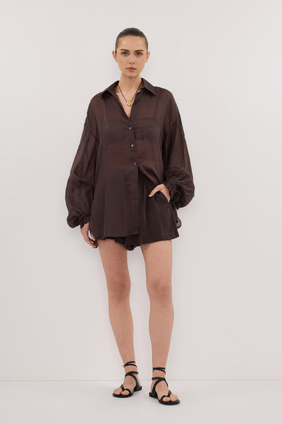 Stas wearing MILLER DARK CHOC RAMIE LONG SLEEVE SHIRT