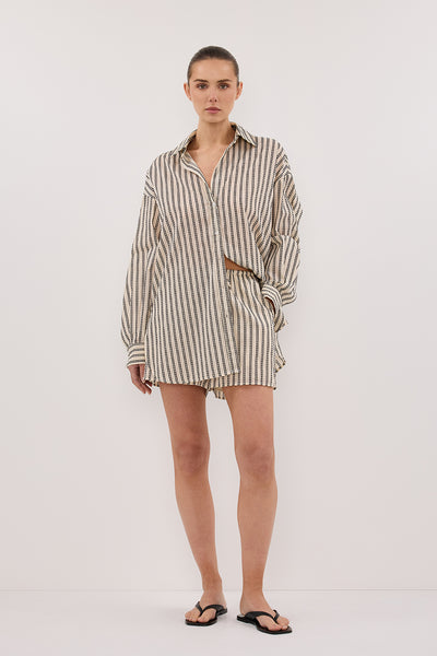 Stas wearing ELLIE CREAM OVERSIZED LONG SLEEVE STRIPE SHIRT