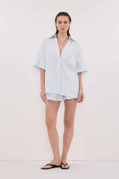 Stas wearing HELENA CORNFLOWER OVERSIZED LINEN SHIRT