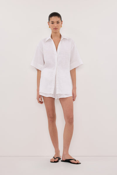 Stas wearing HELENA WHITE OVERSIZED LINEN SHIRT