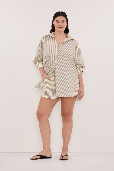 Jasmine wearing SABLE CREAM OVERSIZED SILK BLEND SHIRT