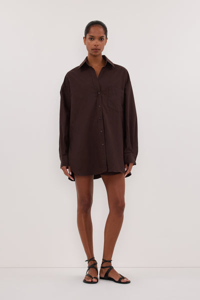 Kristen wearing RHEA 2.0 BURNT CHOC OVERSIZED COTTON SHIRT