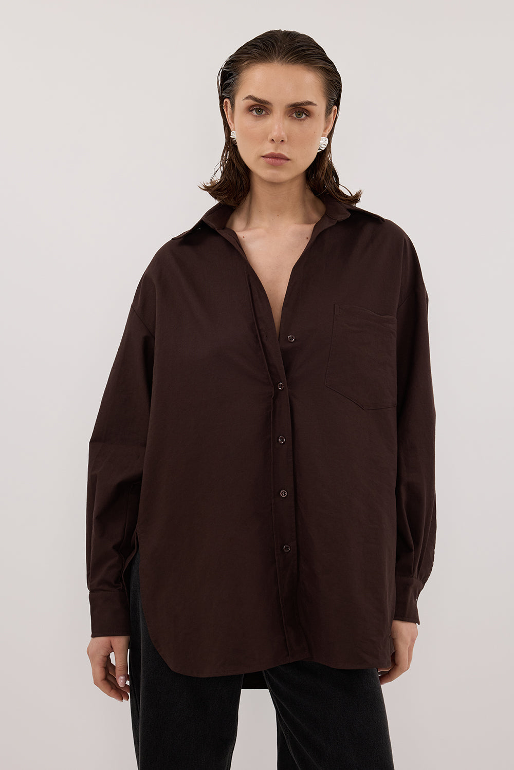 RHEA 2.0 BURNT CHOC OVERSIZED COTTON SHIRT