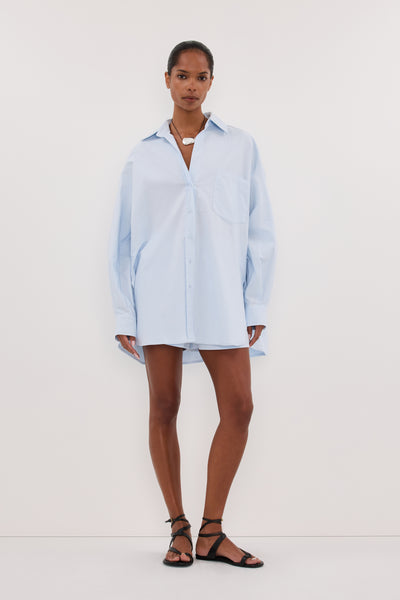 Kristen wearing RHEA 2.0 ICE BLUE OVERSIZED COTTON SHIRT