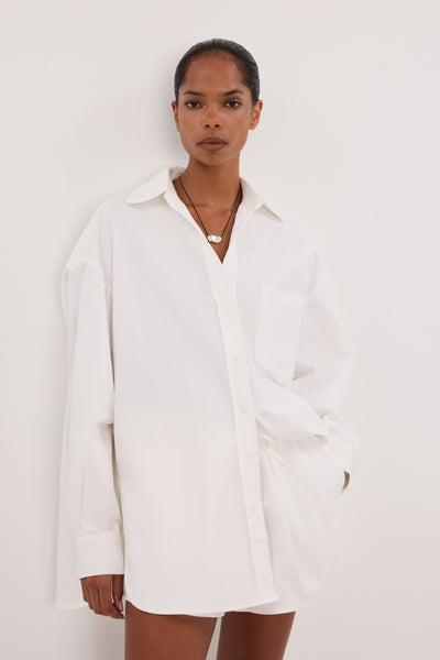 Kristen wearing RHEA 2.0 WHITE OVERSIZED COTTON SHIRT